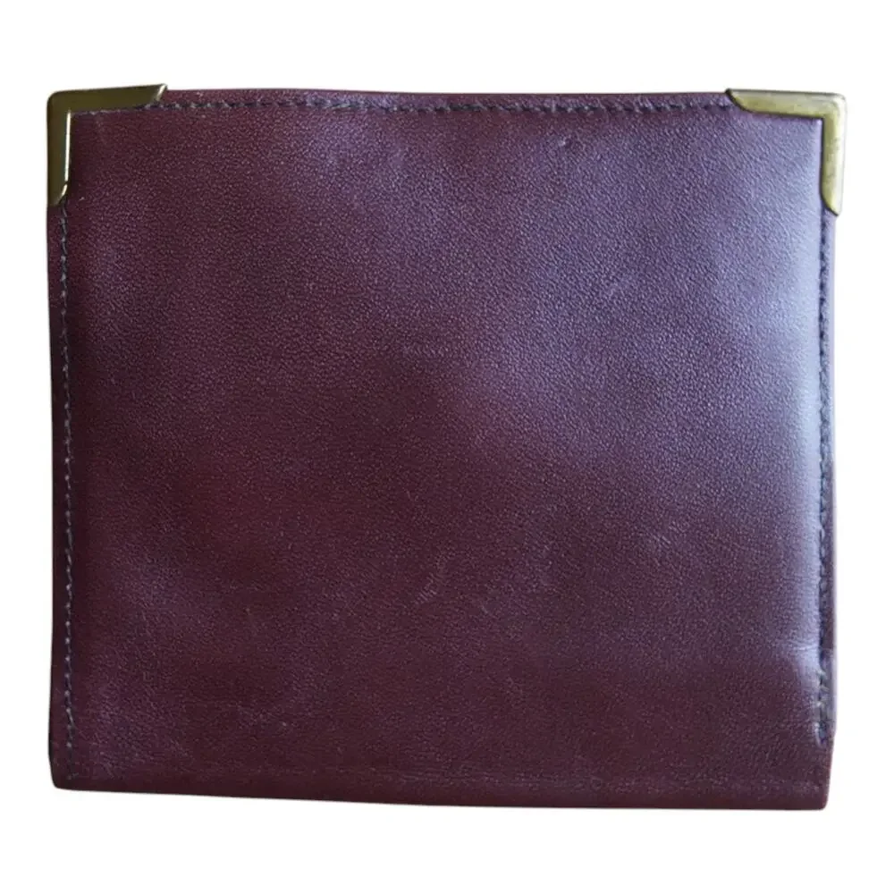 Vintage Burgundy Leather Wallet Brass Corner Guards Coin Purse ID Window